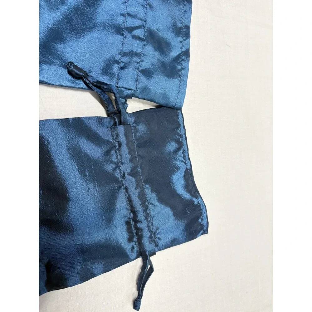 Set of 2‎ Blue Satin Drawstring Bags Embroidered Trim Folk Style Gift Pouches